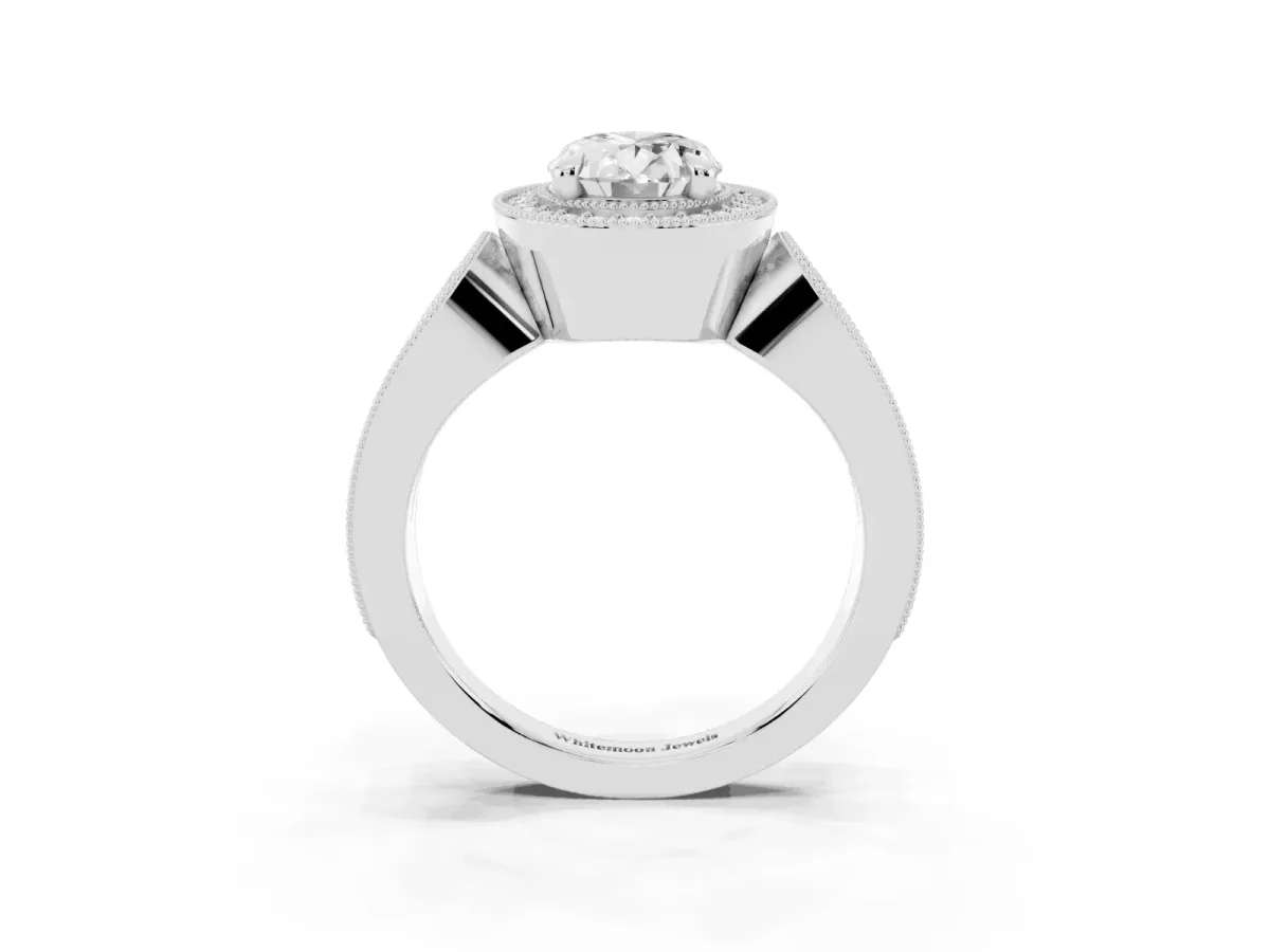 Oval Cut Halo Split Shank Milgrain Diamond Ring White gold