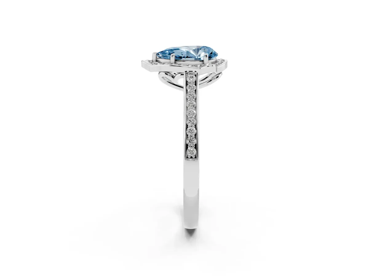 Fancy Blue Pear Cut Halo Round Diamond Pave Band with Four-Prong Setting Silver