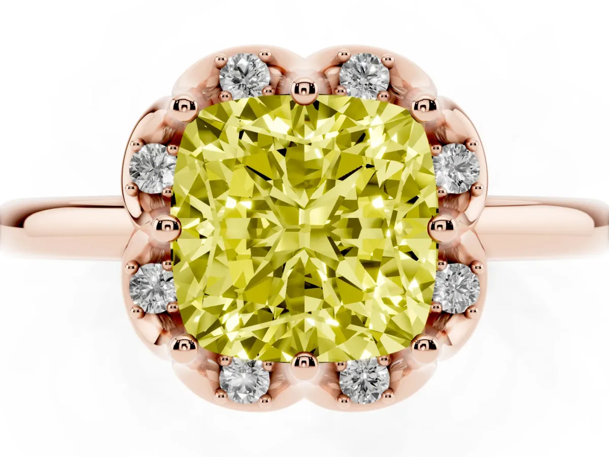 Fancy Yellow Cushion Cut Halo Diamond Ring with Round Cluster Setting, Solitaire Band, and Four-Prong Setting Rose gold