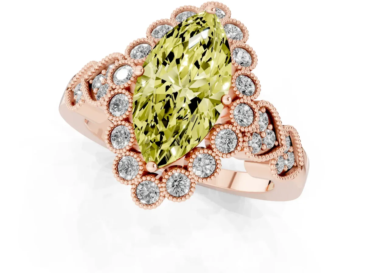 Fancy Yellow Marquise Cut Brilliant Milgrain Pave Heart Band Solitaire Ring Rose gold