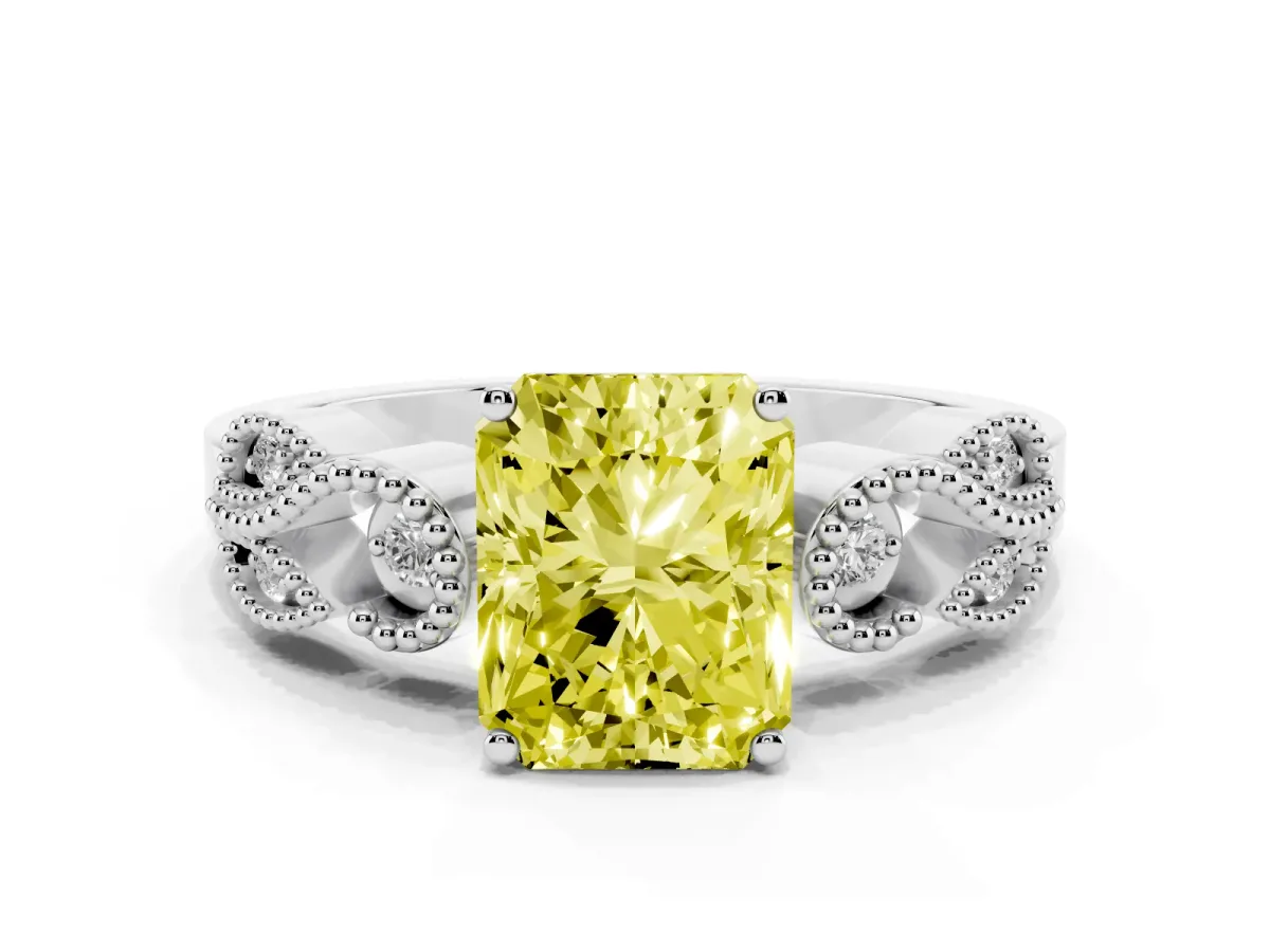 Fancy Yellow Princess Cut Solitaire Milgrain Leaf Band with Prong Setting Silver
