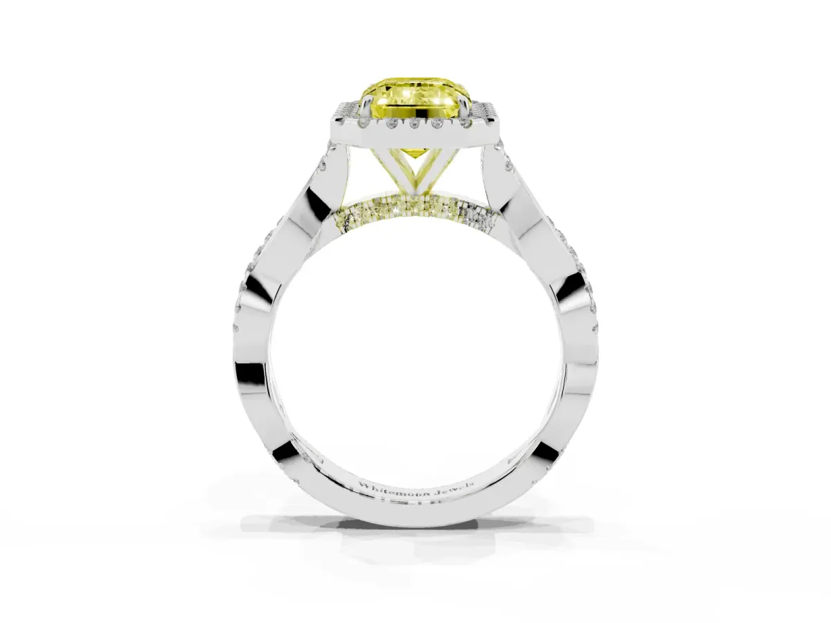 Fancy Yellow Emerald Cut Halo Twist Band Solitaire Ring Silver