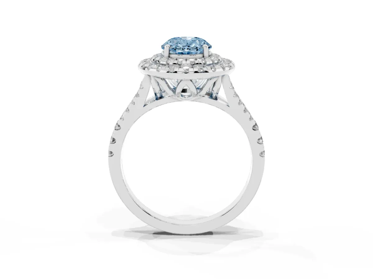 Fancy Blue Double Halo Oval Cut Diamond Pavé Split Shank Ring with Prong Setting White gold