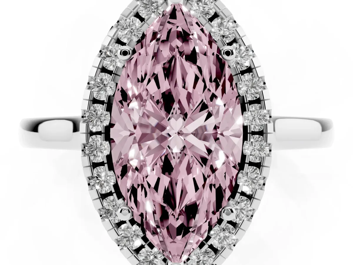 Fancy Pink Marquise Cut Halo Round Diamond Solitaire Ring with Pavé Band and Four-Prong Setting Silver