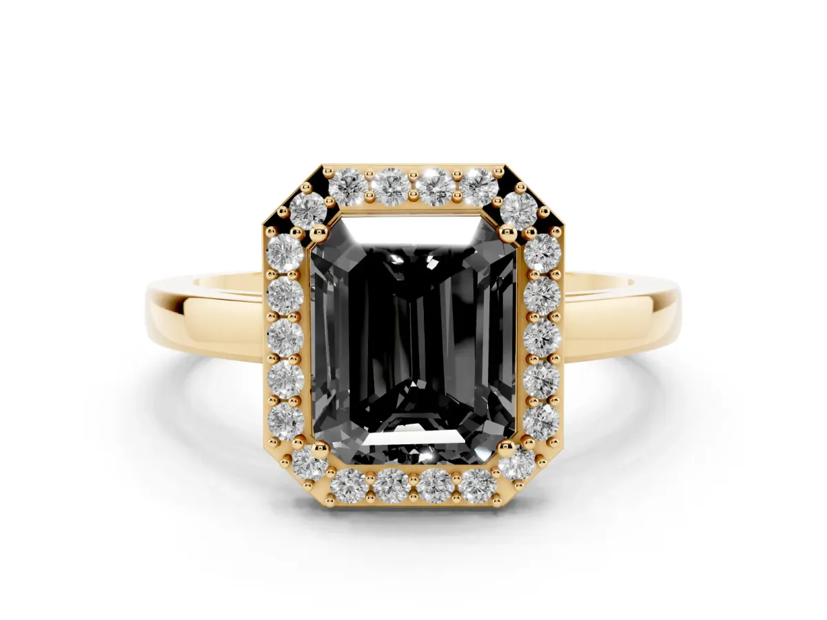 Fancy Black Radiant Cut Halo Diamond Ring with Solitaire Band and Prong Setting Yellow gold