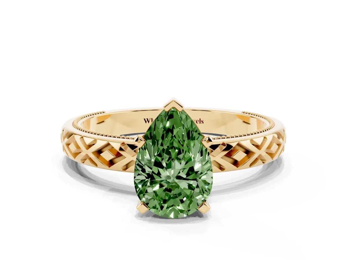 Fancy Green Pear Cut Solitaire Diamond Ring with Milgrain and Black Enamel X Pattern Band Yellow gold