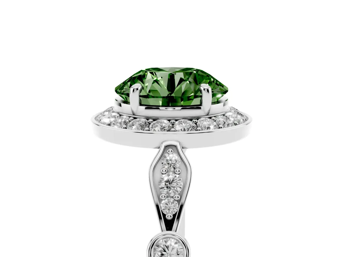 Fancy Green Round Cut Halo Diamond Engagement Ring with Twisted Band and Four-Prong Setting Platinum