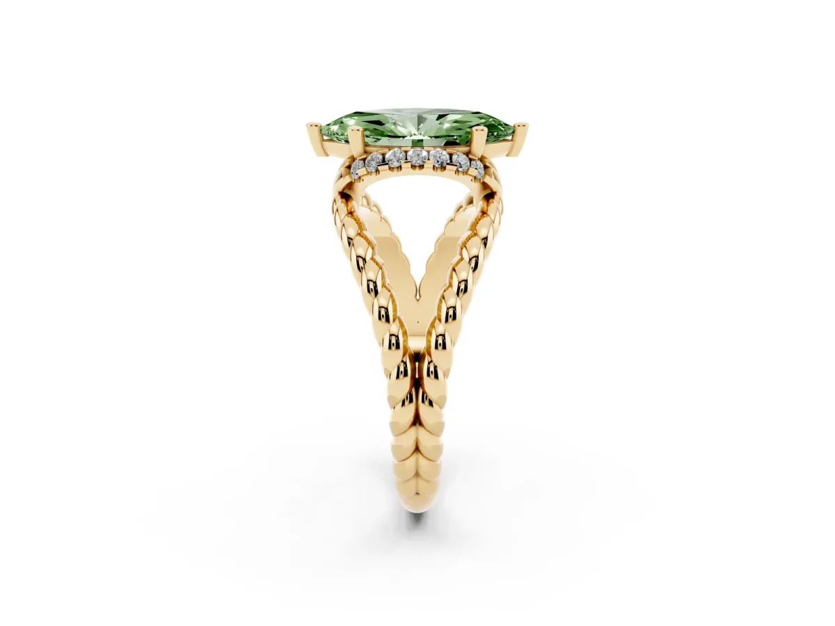 Fancy Green Marquise Cut Halo Twisted Band Four-Prong Ring Yellow gold