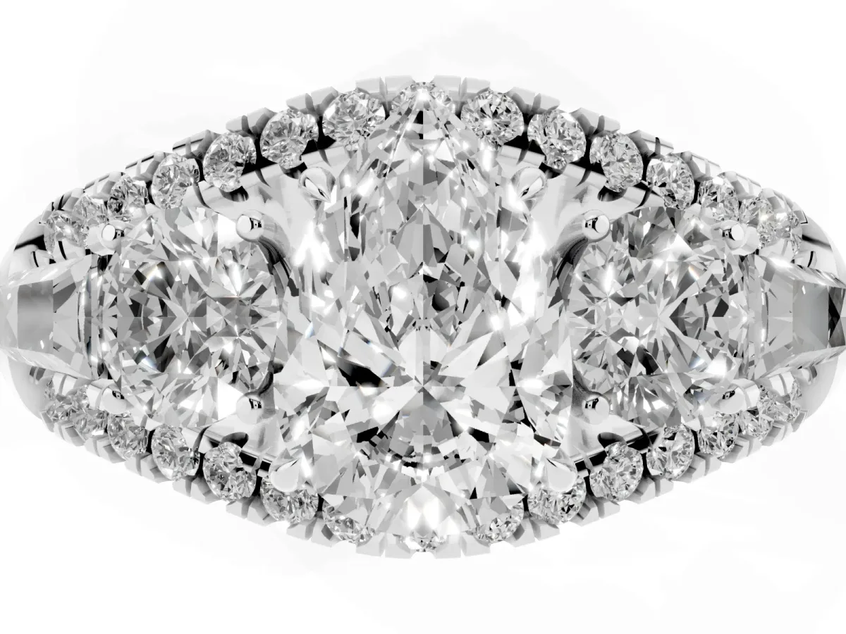 Three-Stone Pear Cut Diamond Engagement Ring with Pave Band and Prong Setting Silver