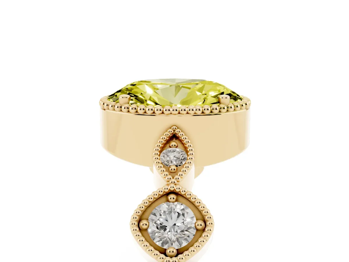 Fancy Yellow Oval Cut Diamond Vintage Milgrain Ring with Round Stations Yellow gold