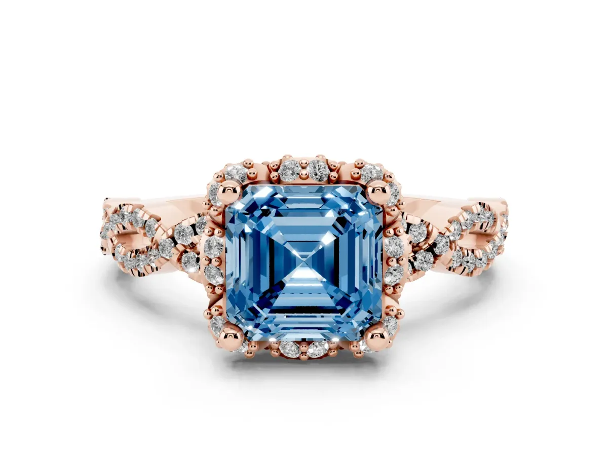 Fancy Blue Asscher Cut Halo Twist Band Solitaire Ring with Six-Prong Setting Rose gold