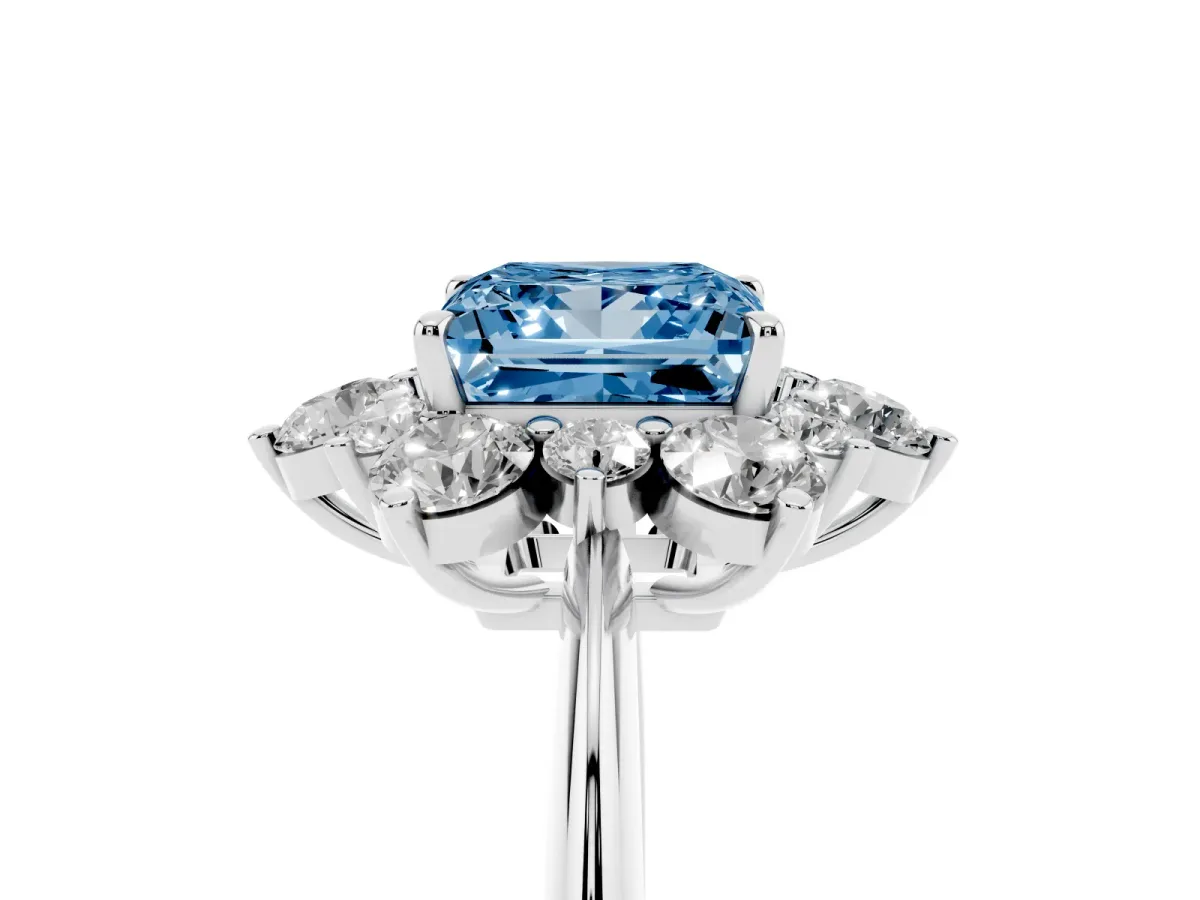 Fancy Blue Princess Cut Diamond Cluster Halo Ring with Solitaire Band and Four-Prong Setting White gold