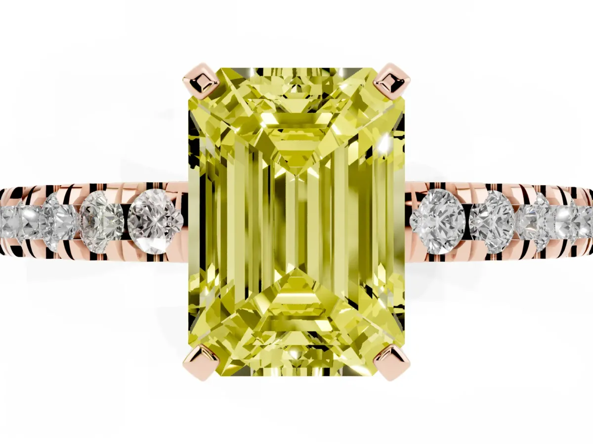 Fancy Yellow Emerald Cut Solitaire Diamond with Pavé Band and Four-Prong Setting Rose gold