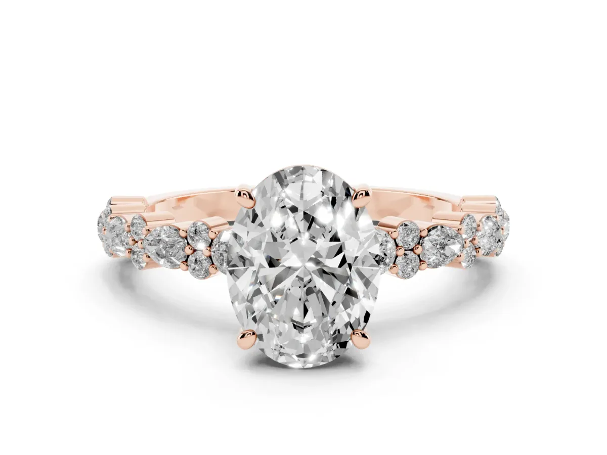 Oval Cut Diamond Side Stone Solitaire Ring with Round and Four-Prong Setting Rose gold