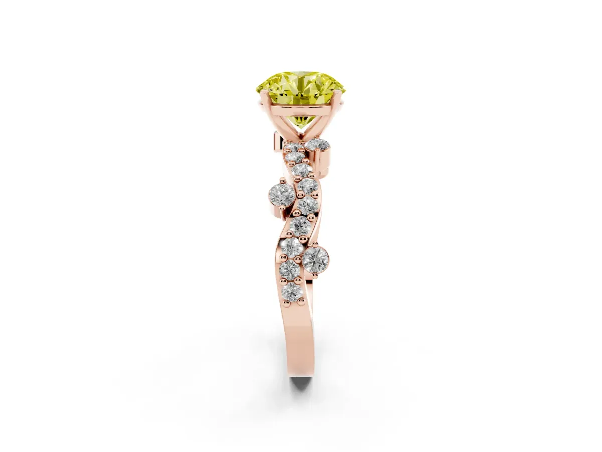 Fancy Yellow Round Cut Cut Solitaire Diamond Twisted Band with Pave Setting Rose gold