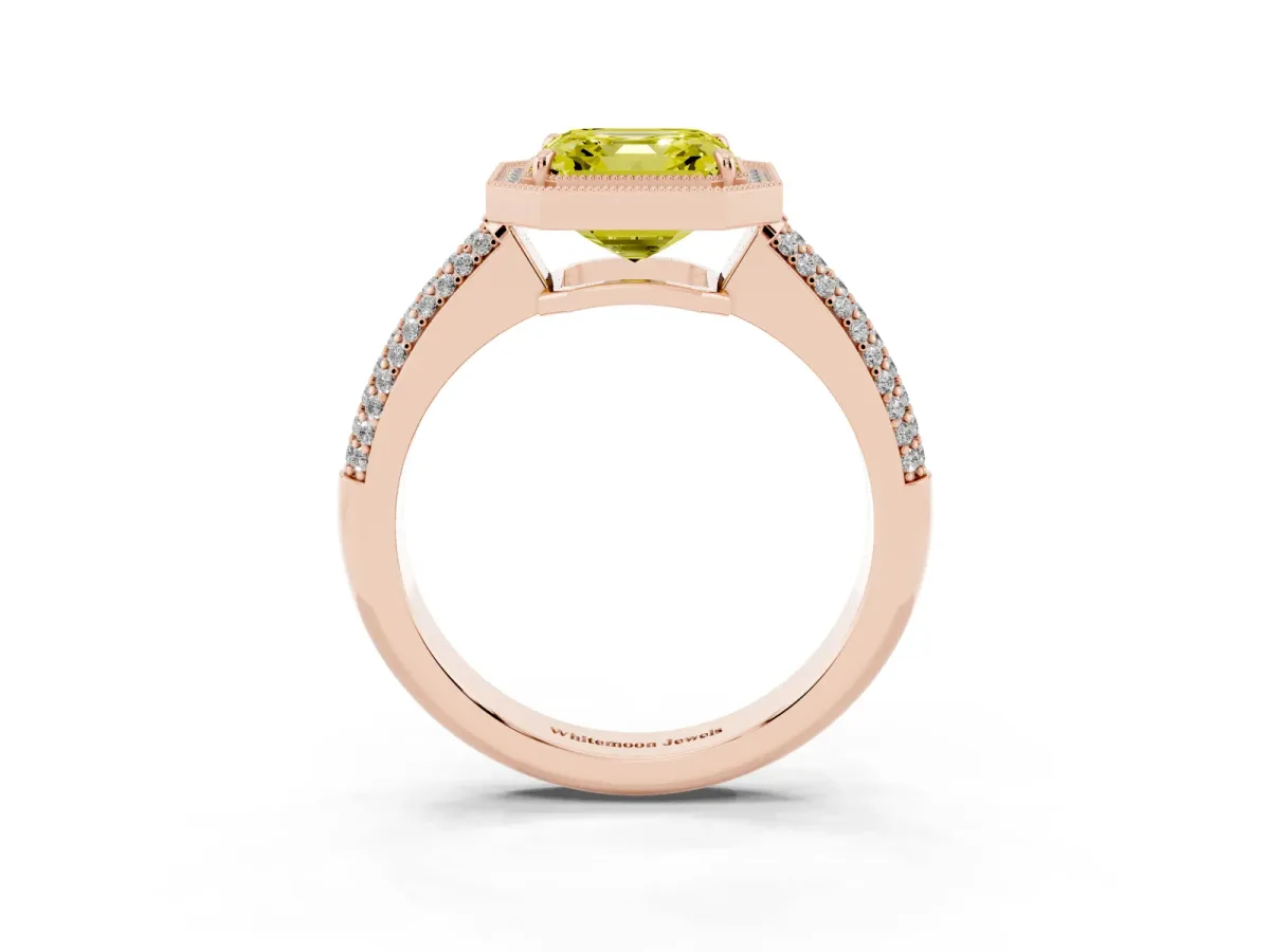 Fancy Yellow Asscher Cut Cut Halo Diamond Pave Band with Four-Prong Setting Rose gold