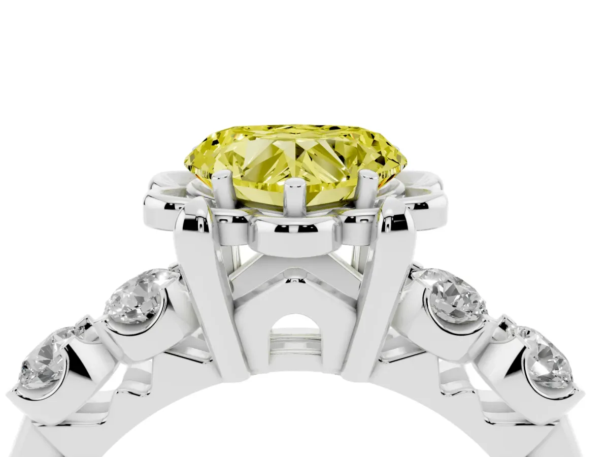 Fancy Yellow Heart Cut Cut Diamond Floral Halo Engagement Ring with Shared Prong Setting White gold
