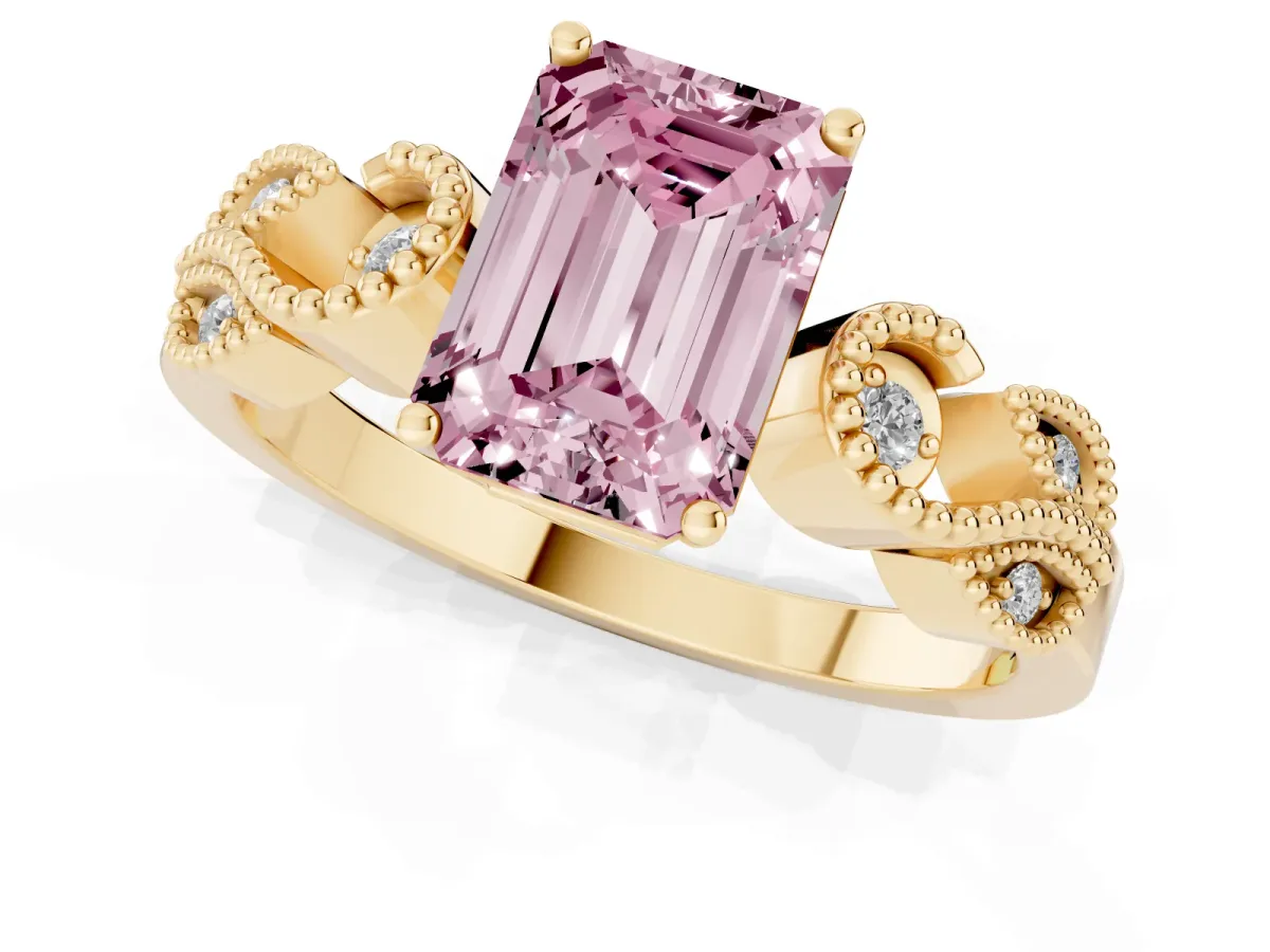 Fancy Pink Emerald Cut Solitaire Milgrain Leaf Band with Prong Setting Yellow gold