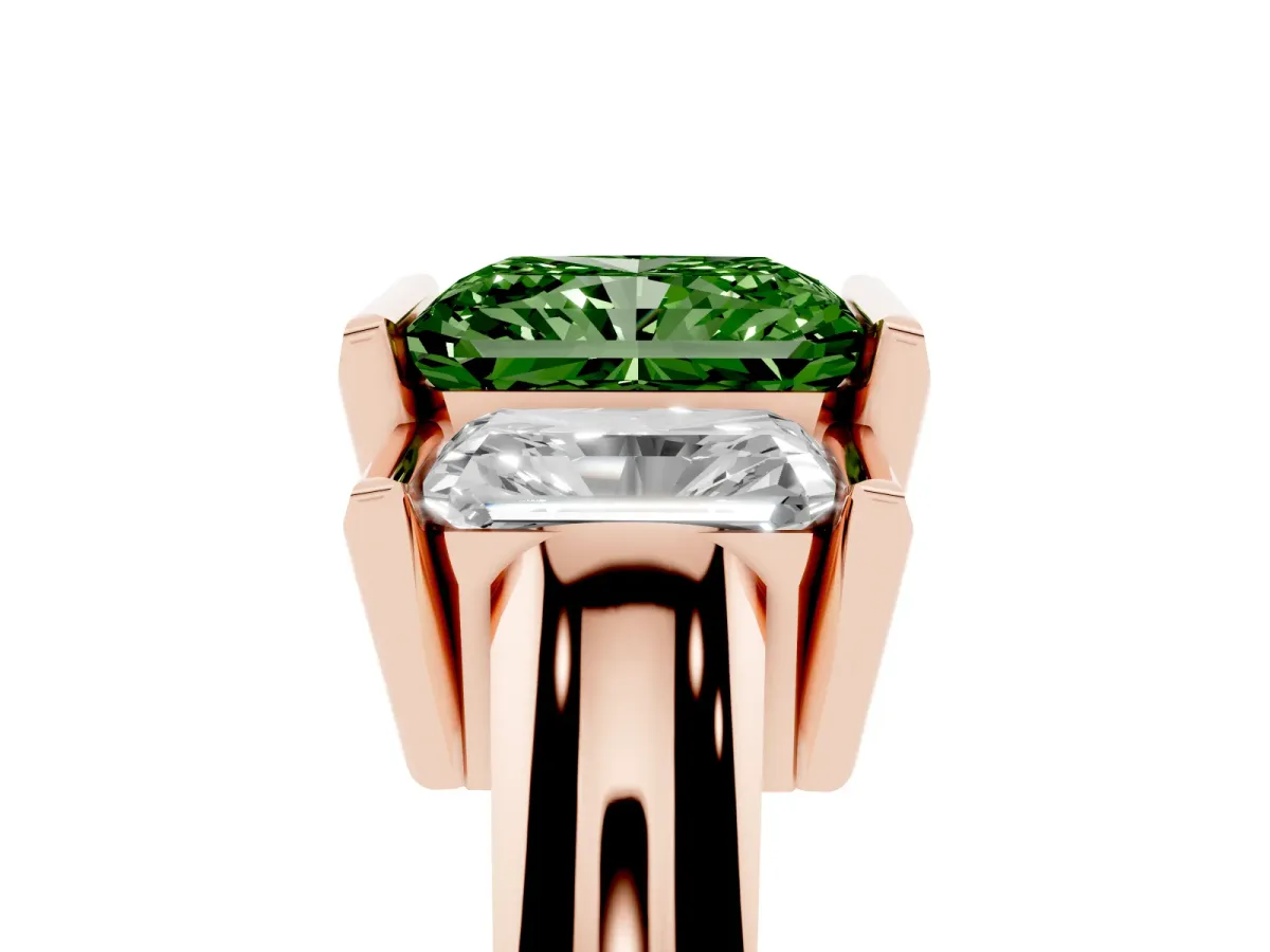 Fancy Green Three Stone Radiant Cut Cut Channel Set Diamond Ring Rose gold