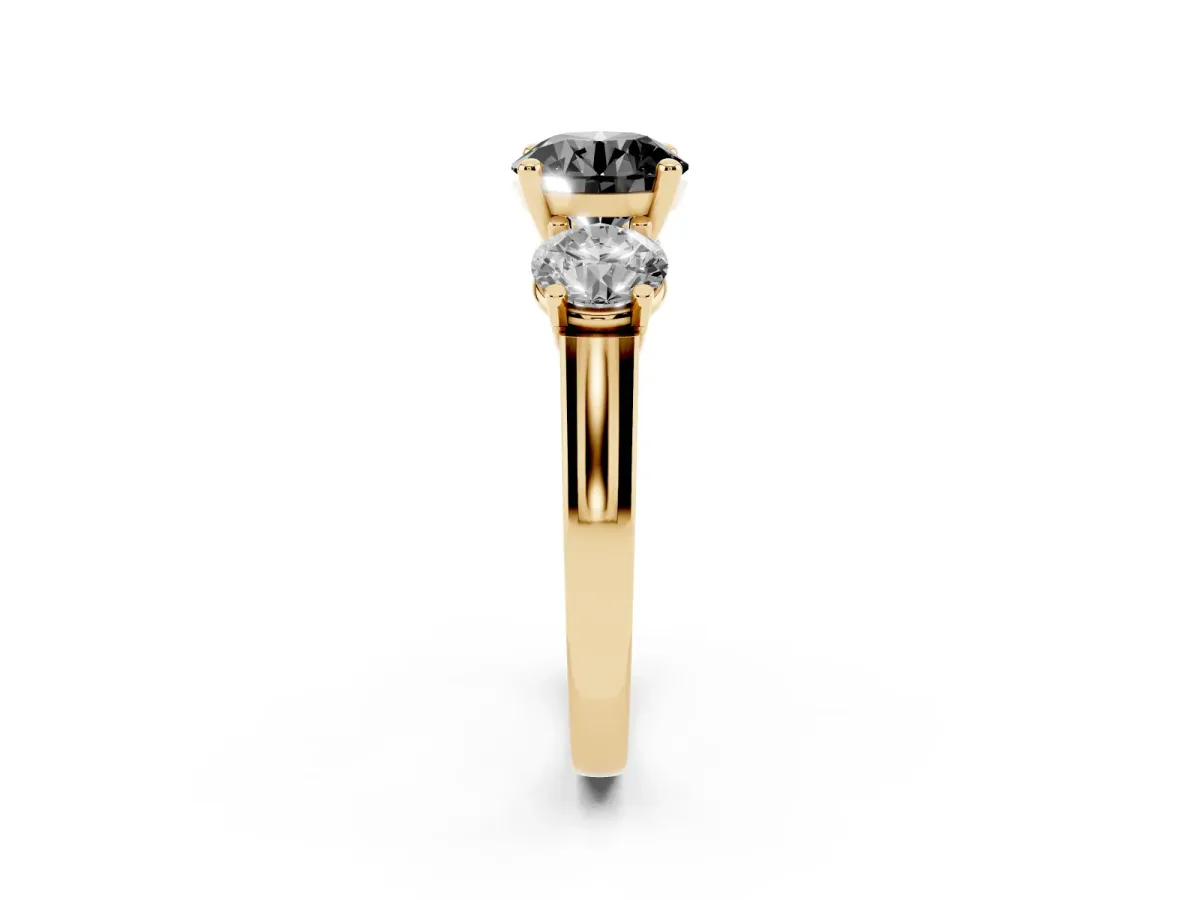 Fancy Black Three-Stone Round Cut Brilliant Diamond Trellis Ring with Comfort Fit Band Yellow gold
