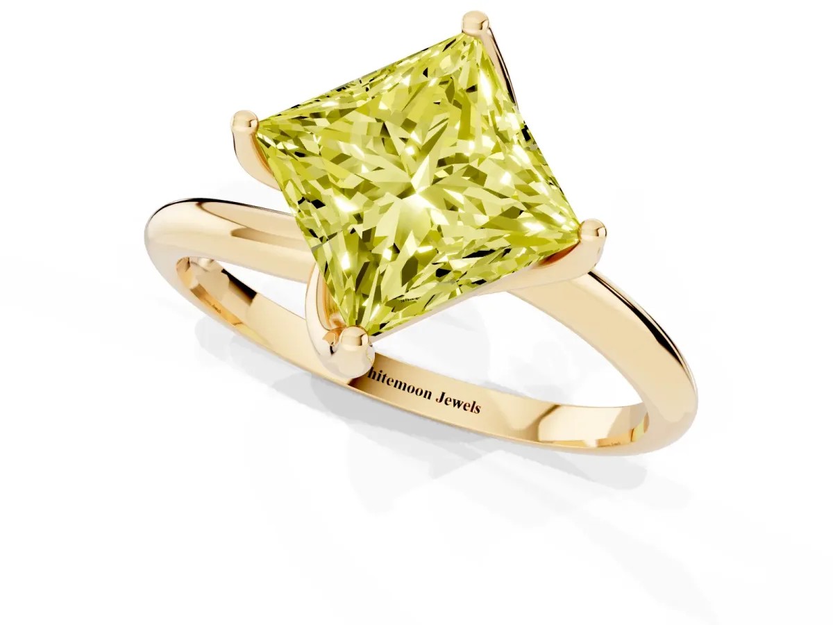 Fancy Yellow Princess Cut Diamond Solitaire Engagement Ring with Four-Prong Setting and Classic Band Yellow gold