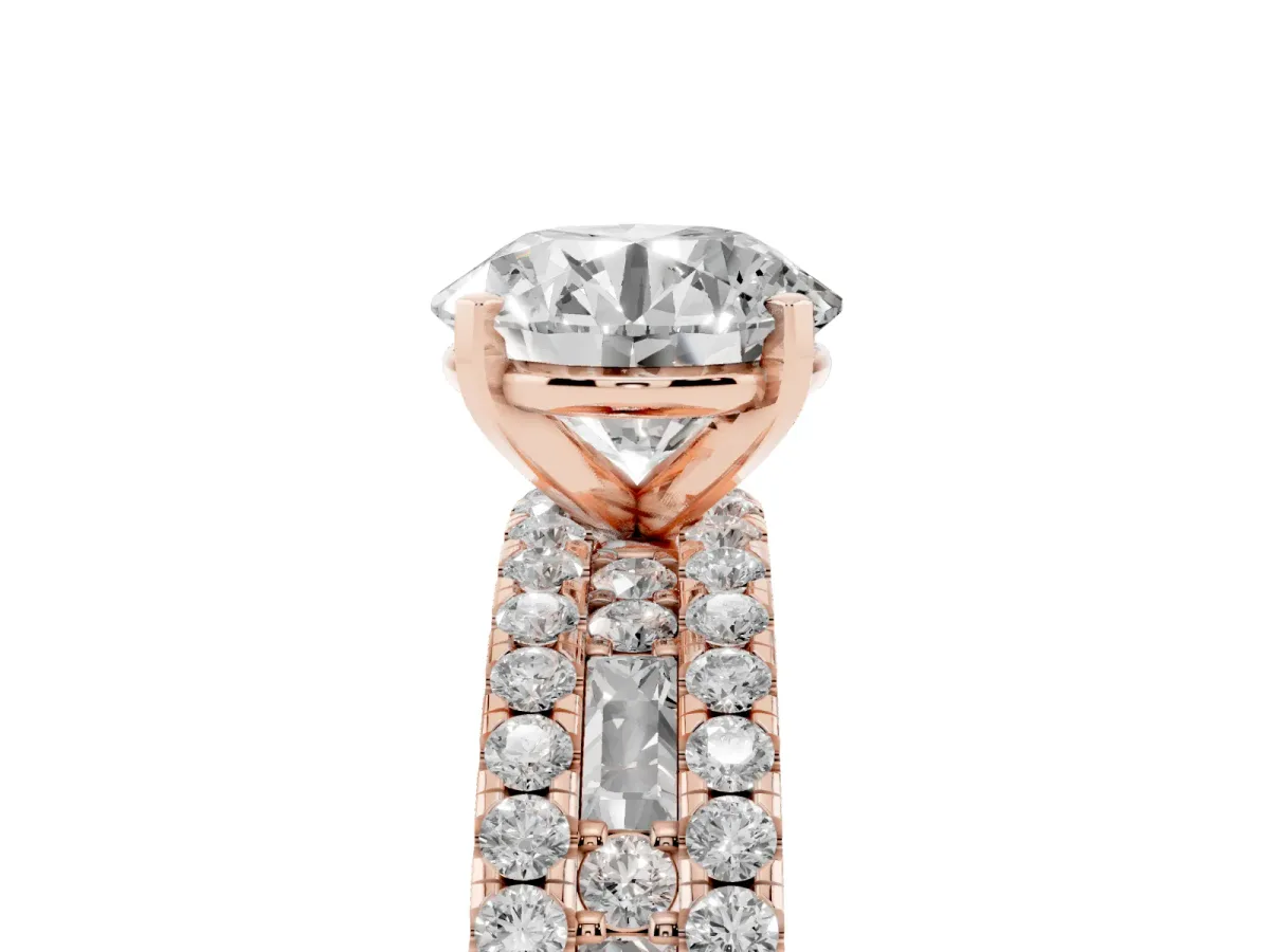 Round Cut Diamond Solitaire Ring with Pavé and Channel Set Band Rose gold