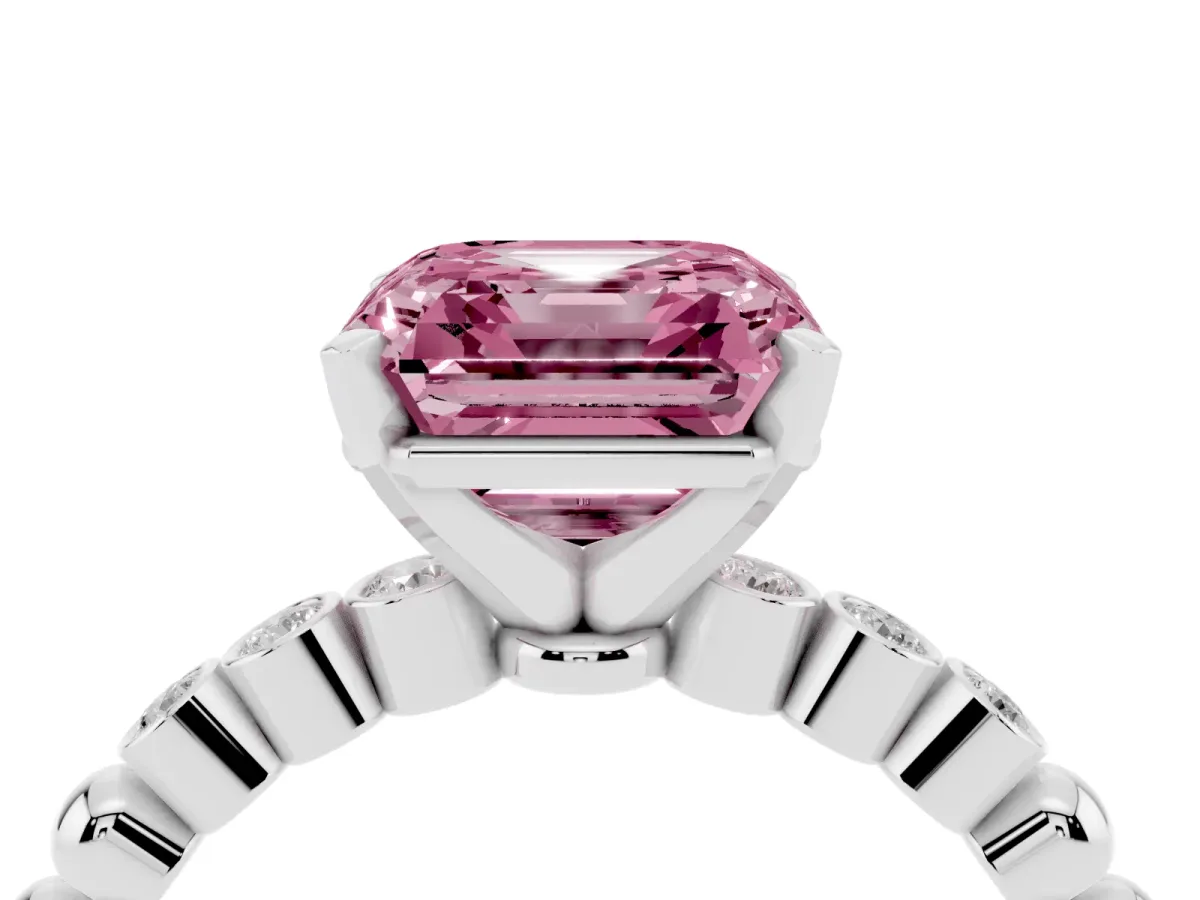 Fancy Pink Asscher Cut Solitaire Bezel Accent Diamond Engagement Ring with Beaded Band and Four-Prong Setting White gold