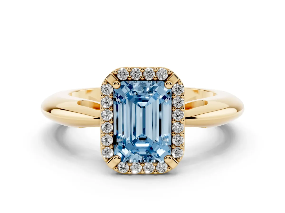 Fancy Blue Emerald Cut Cut Diamond Halo Engagement Ring with Split Shank and Four-Prong Setting Yellow gold