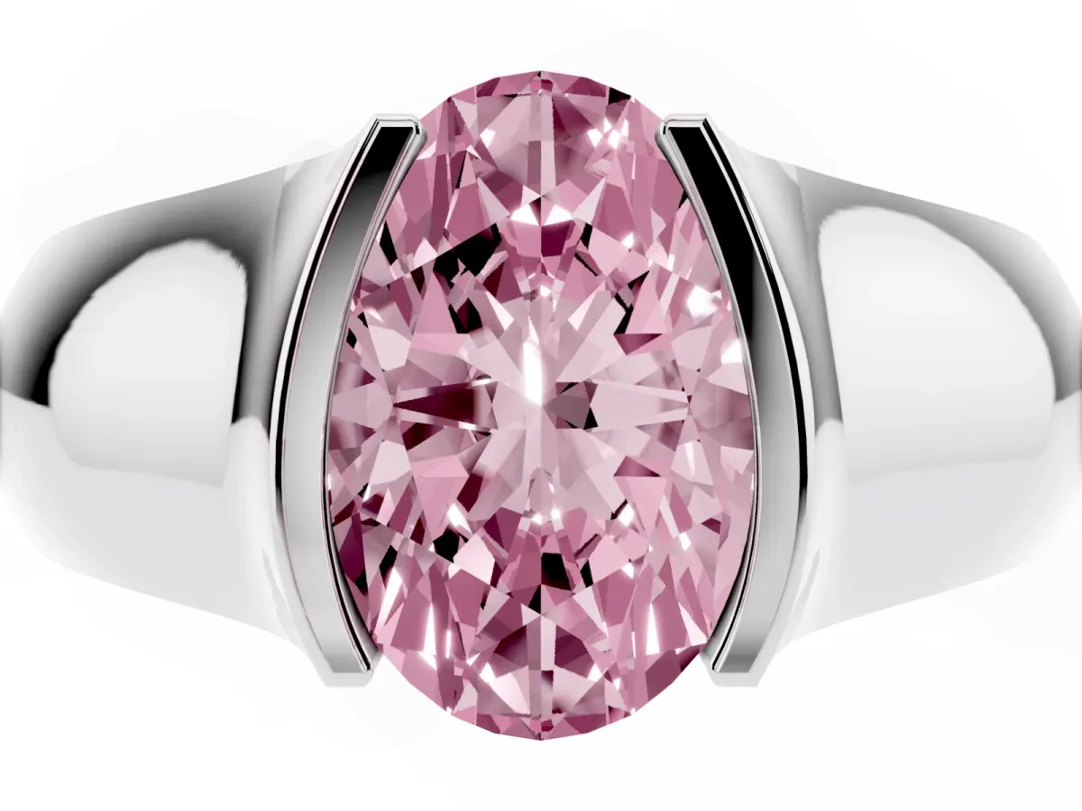 Fancy Pink Oval Cut Solitaire Bezel Set Diamond Ring with Wide Band Silver