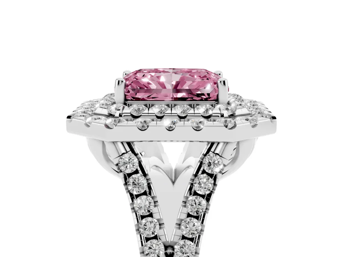 Fancy Pink Double Halo Radiant Cut Diamond Pavé Split Shank Ring with Prong Setting Silver