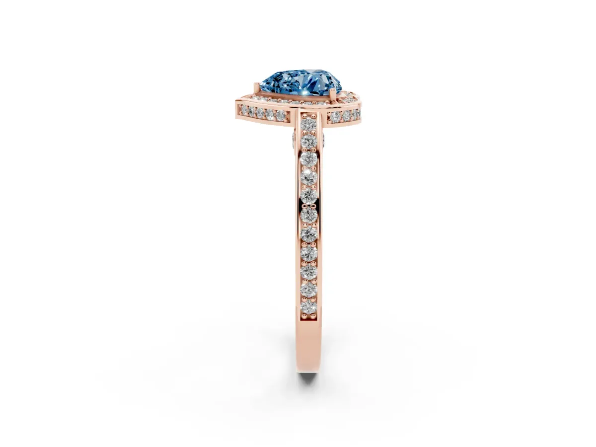 Fancy Blue Heart Cut Cut Halo Pave Split Shank Prong Setting Ring Rose gold