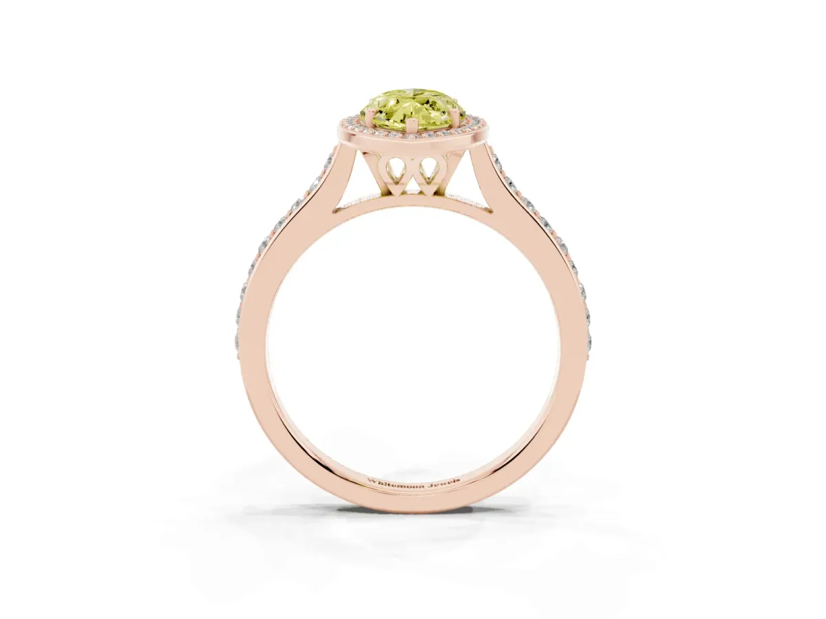 Fancy Yellow Marquise Cut Diamond Halo Engagement Ring with Round Pavé Shoulders and Prong Setting Rose gold