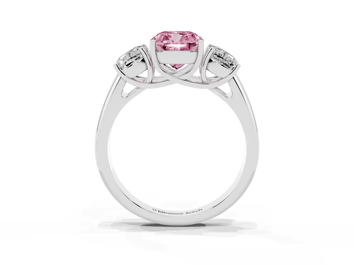 Fancy Pink Three-Stone Cushion Cut Diamond Engagement Ring with Prong Setting Platinum