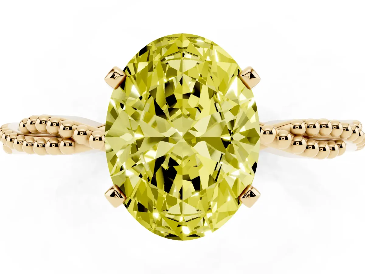 Fancy Yellow Oval Cut Solitaire Twisted Band with Bead Prong Setting Yellow gold