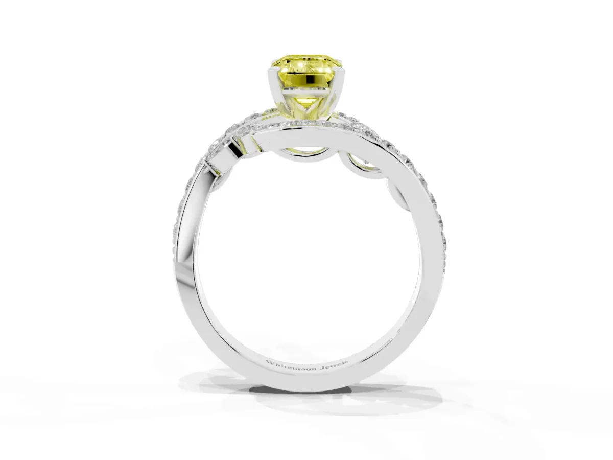 Fancy Yellow Emerald Cut Solitaire with Pavé Twist Band and Four-Prong Setting Silver