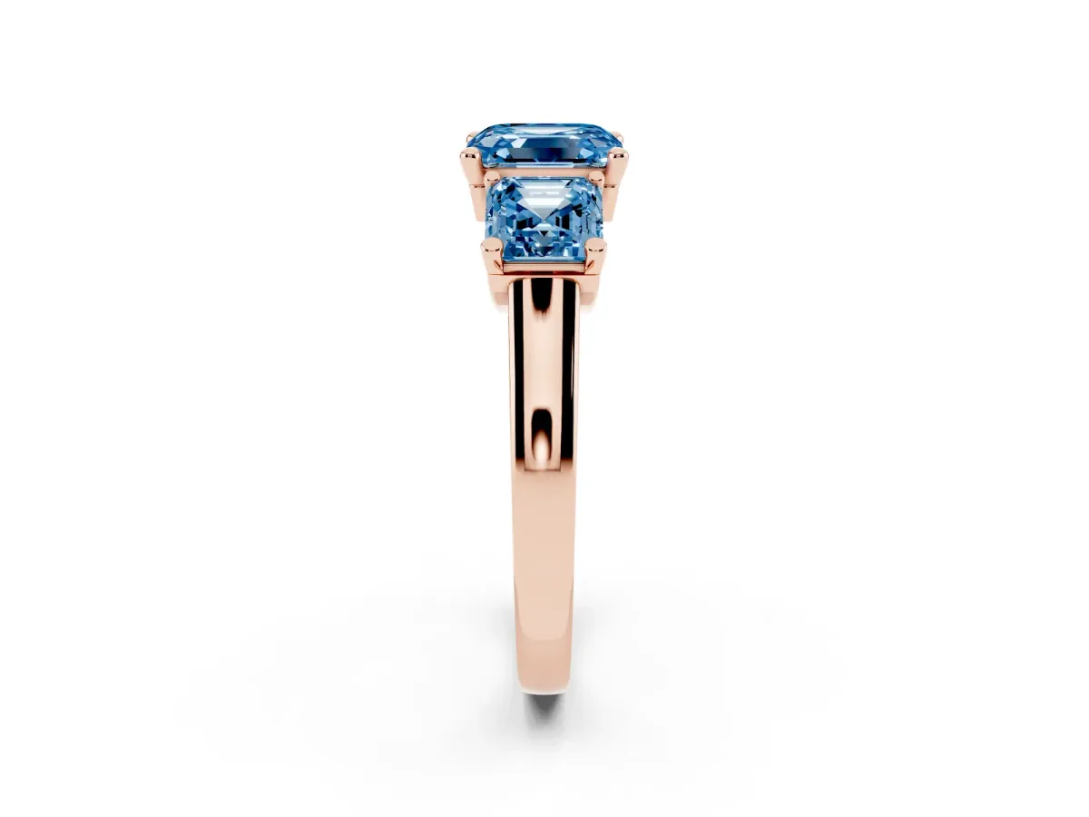 Fancy Blue Three-Stone Asscher Cut Brilliant Diamond Trellis Ring with Comfort Fit Band Rose gold