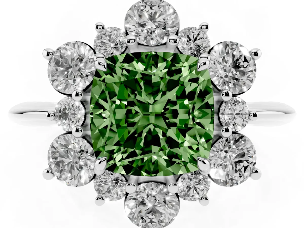 Fancy Green Cushion Cut Diamond Cluster Halo Ring with Solitaire Band and Four-Prong Setting White gold