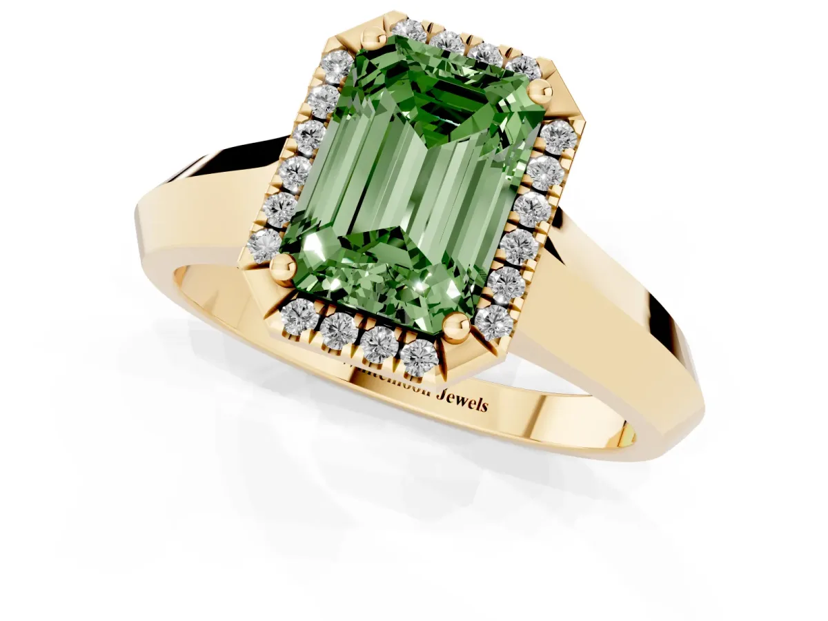 Fancy Green Emerald Cut Halo Diamond Ring with Cathedral Band and Four-Prong Setting Yellow gold