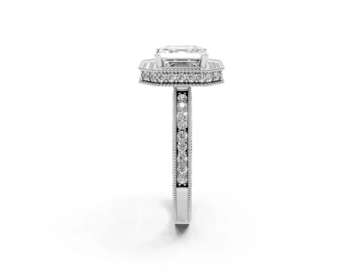 Asscher Cut Diamond Milgrain Halo Engagement Ring with Round Pavé Band and Prong Setting Platinum