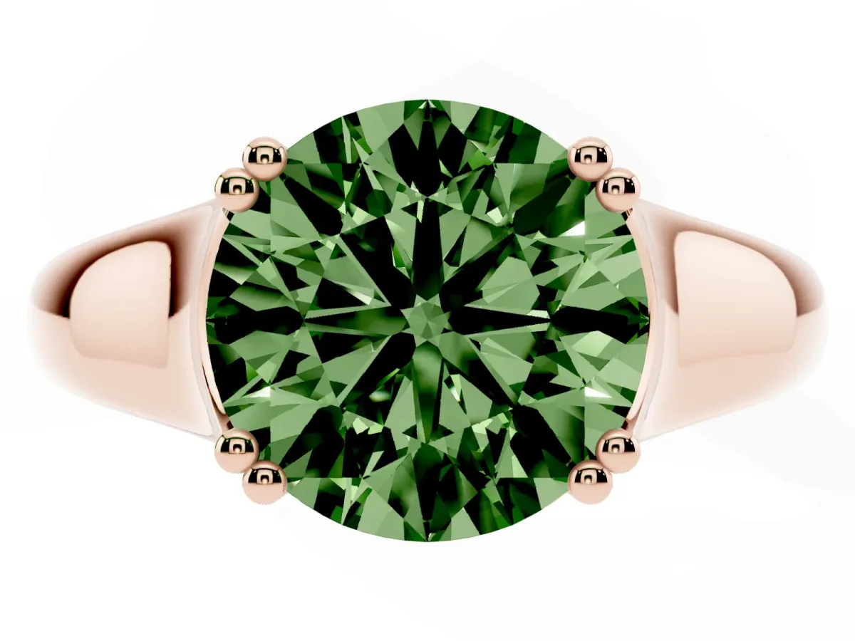 Fancy Green Round Cut Diamond Solitaire Ring with Wide Band and Prong Setting Rose gold