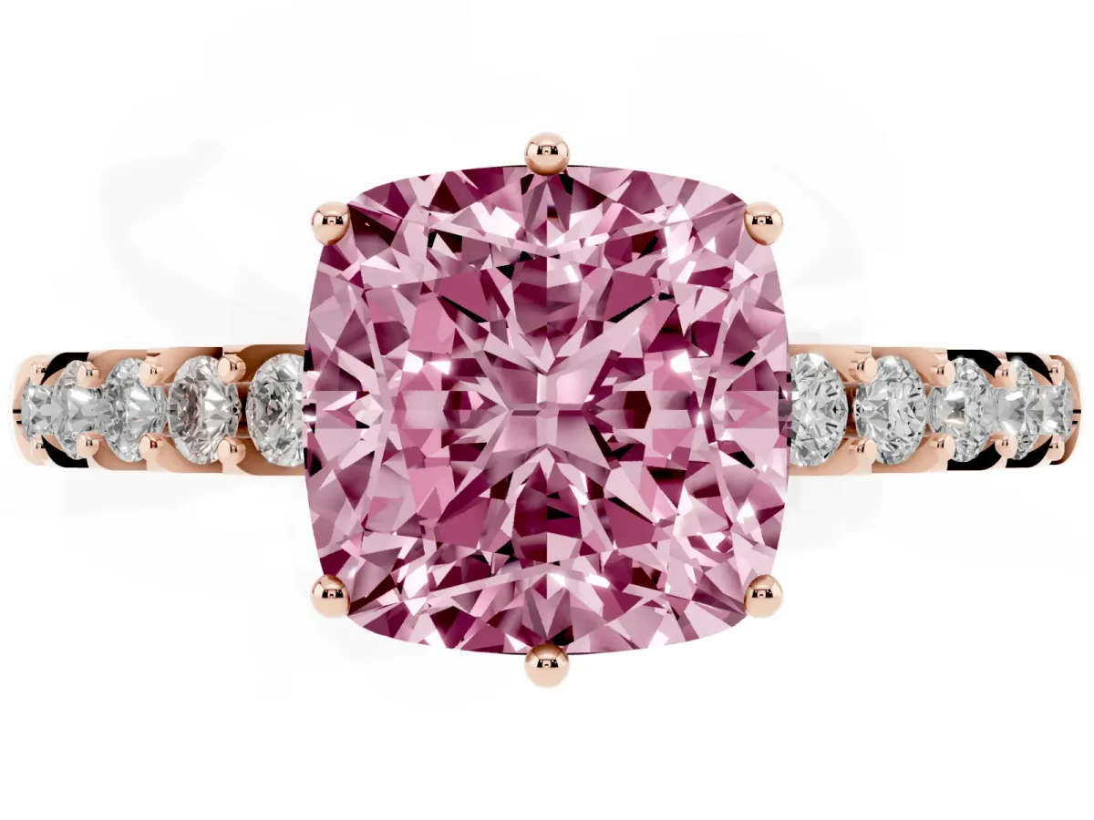 Fancy Pink Cushion Cut Solitaire Diamond Engagement Ring with Pavé Band and Six-Prong Setting Rose gold