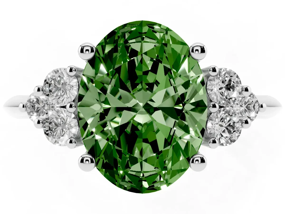 Fancy Green Oval Cut Cut Diamond Cluster Ring with Solitaire Band and Four-Prong Setting Silver