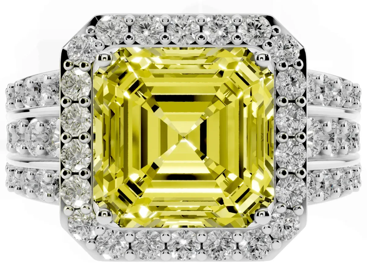 Fancy Yellow Asscher Cut Halo Diamond Ring with Round Split Shank and Prong Setting Platinum