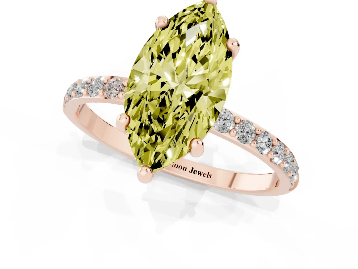 Fancy Yellow Marquise Cut Diamond Solitaire Ring with Round Pavé Band and Prong Setting Rose gold
