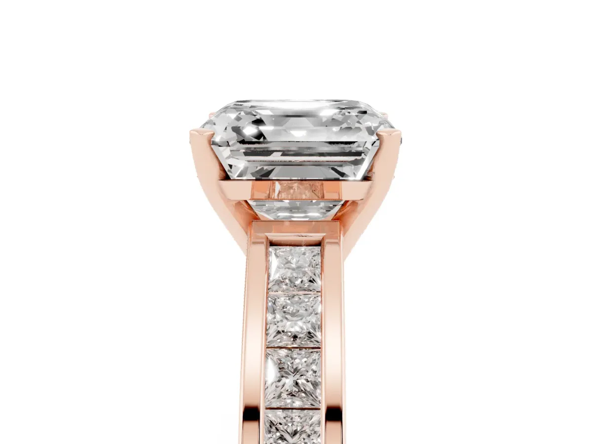 Asscher Cut Solitaire Diamond Ring with Channel-Set Band and Four-Prong Setting Rose gold