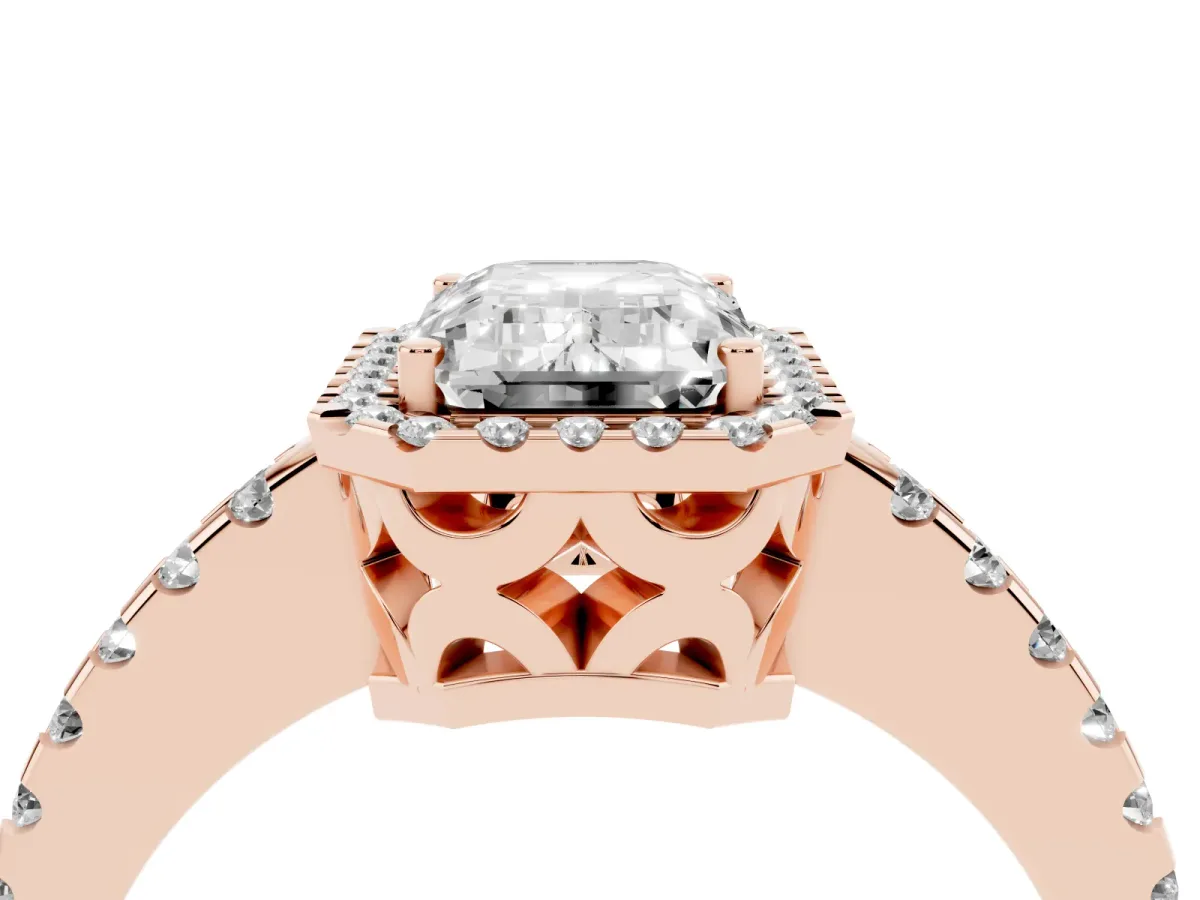 Emerald Cut Diamond Halo Engagement Ring with Pavé Band and Prong Setting Rose gold