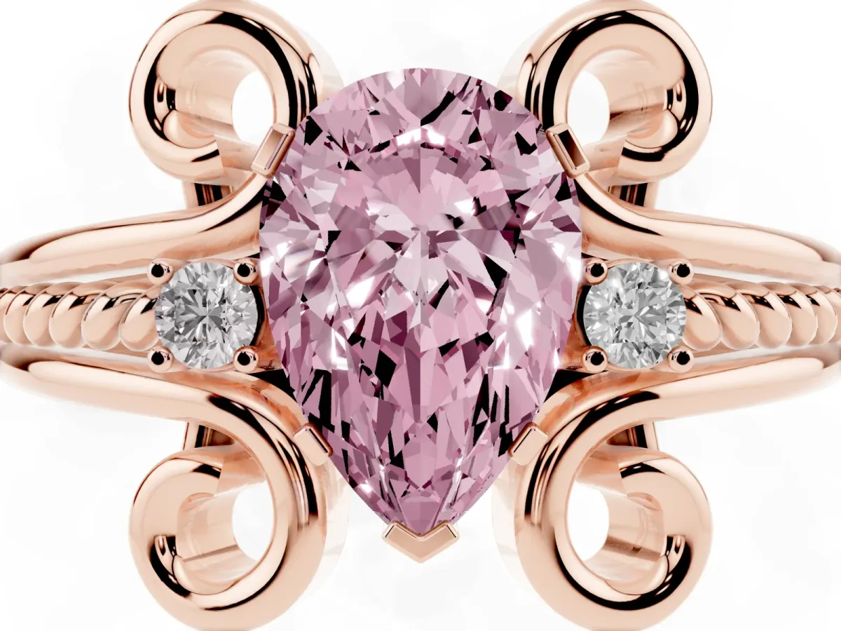 Fancy Pink Pear Cut Solitaire Twisted Band Scroll Prong Ring Rose gold
