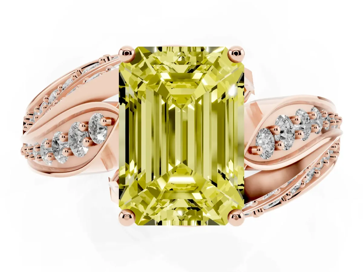 Fancy Yellow Emerald Cut Diamond Solitaire Ring with Prong Setting and Twisted Pavé Band Rose gold