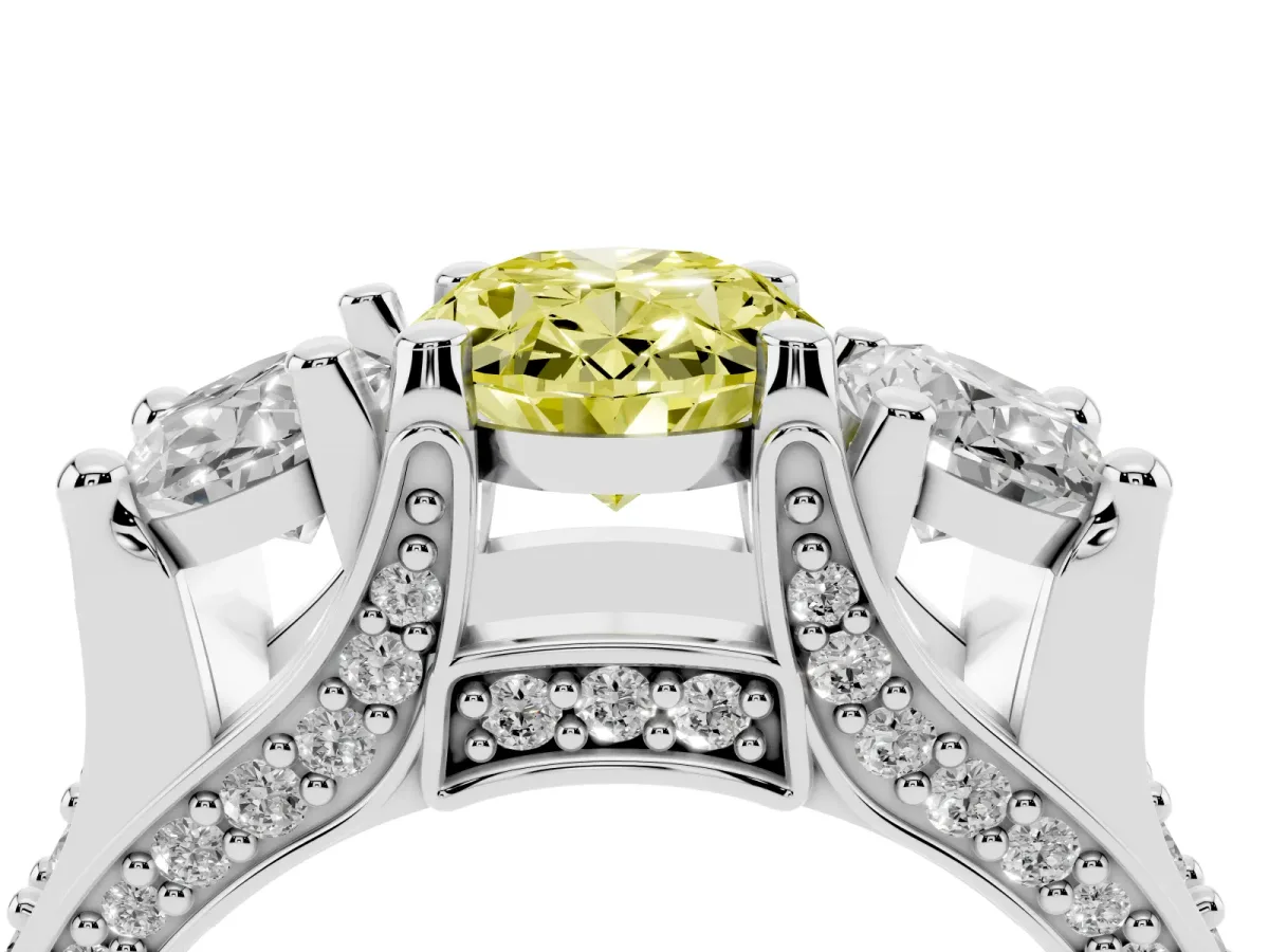 Fancy Yellow Oval Cut Diamond Three-Stone Ring with Channel Set Band and Four-Prong Setting Silver
