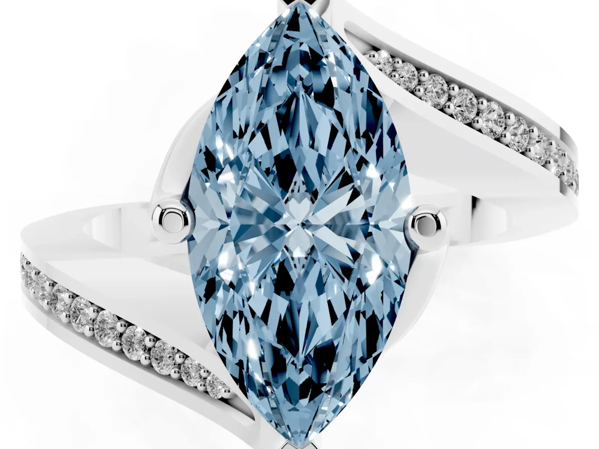 Fancy Blue Marquise Cut Solitaire Diamond Twist Band with Pavé Setting and Four-Prong Setting Silver